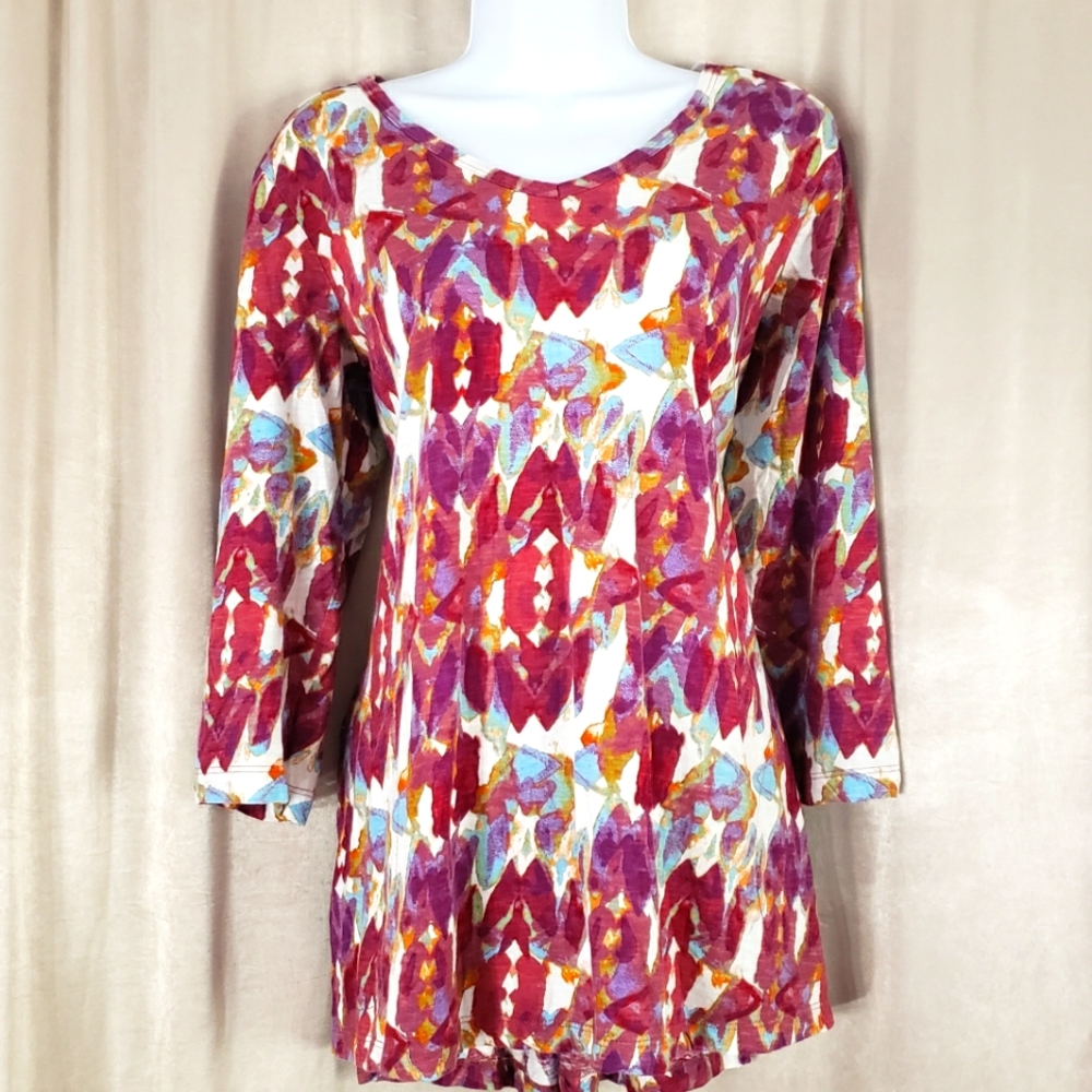 NWOT LOGO purple multicolor abstract print 2 pockets tunic T-shirt Womens Small - Picture 1 of 5